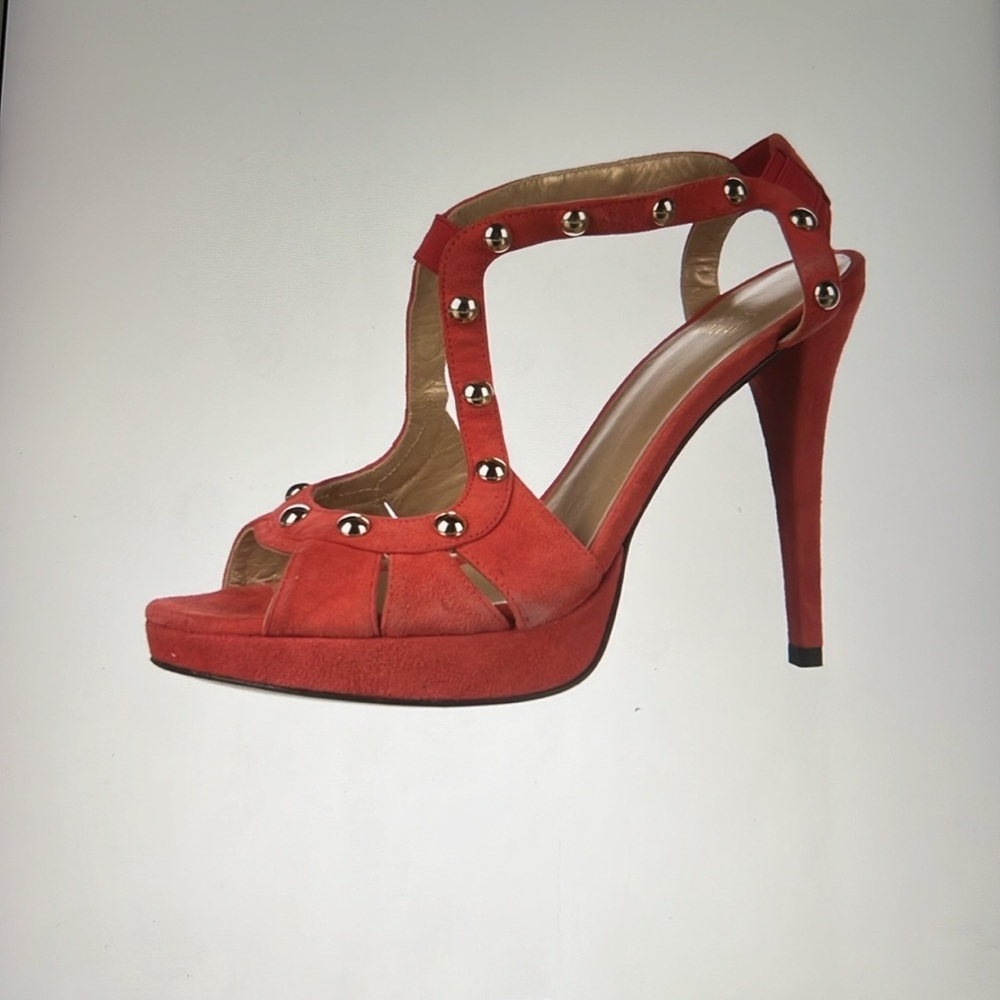 Stuart Weitzman coral Red suede sling back platform Heels with Gold Accents